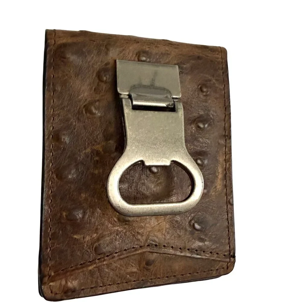 Nocona Men's Bi-Fold Wallet Bottle Opener Clip Distressed Ostrich Leather Brown